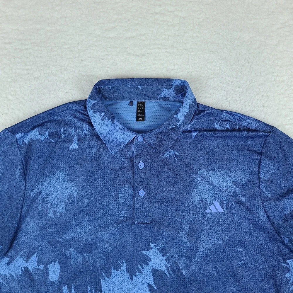 Adidas Polo Shirt Mens XL Blue Floral Breathable Performance Golf Short Sleeve